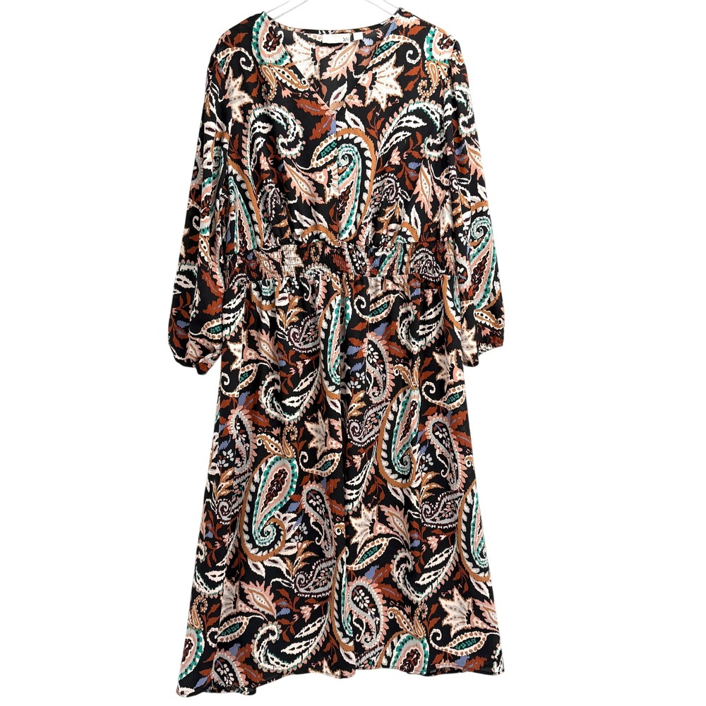Belle Boho Kim Gravel Rustic Paisley Midi Dress Petite 2XP Smocked Waist A652507